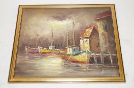 A signed oil on canvas painting of boats