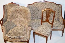 Four floral dining chairs, two seater settee, arm chair and a tub chair
