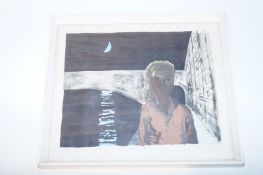 Block print  of a girl 'Moon and Water'  signed Alistair dated and umbered