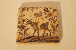 A large painted tile with a painting scene of a boy riding a Goat