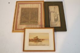 A watercolour of a boat signed F. Herring 1912, along with a watercolour of inside of a chapel,