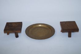 Brass Indian display platter and two small Oak stools