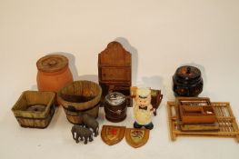 A collection of miscellaneous items including wooden biscuit barrel, wooden pale and other items