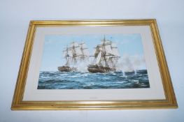 A print of a ship entitled Jara and Constitution by Montague Dawson