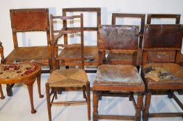 Six Leather chairs, a cane back chair and a kidney shape dressing table stool