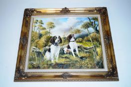 An oil on canvas of hunting dog, Signed by local artist Roger F Jones entitled "Watching and