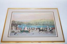 Coloured print after Helen Bradley, signed to the mount of a parkland scene