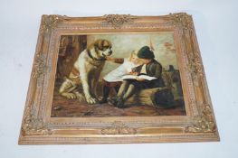 Oil on board of a young boy and girl with a dog signed J M Morgan