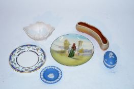 A Royal Doulton plate, two pieces of Wedgewood Jasperware and three other items
