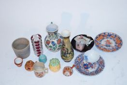 Two Japanese Imari plates, a lacquer bowl and various ceramic and glass items