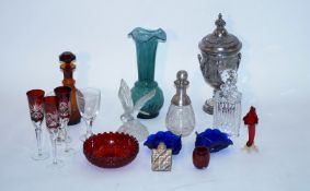 A silver plate tea urn, art glass vase, glass decanters and various items