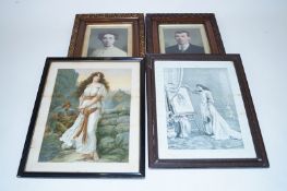 Two portait prints in a mahogany and gilt frames and two other prints