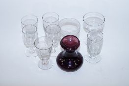 Seven glass Rummers, a pair of Victorian glasses and other glassware