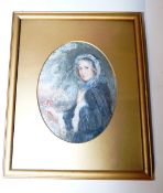 Oval gouache and watercolour half length portrait study of Lady Sinclaire of Sevenoaks signed G.