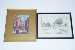 Watercolour of a river scene and a print