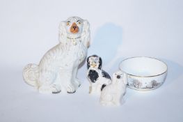 Three Staffordshire style dogs and a China bowl