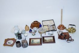A brass kettle, silver plated tea service and other items
