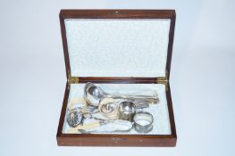 Silver napkin ring, pair of bone napkin rings and other silverware