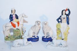 Collection of ceramics including two flatbacks and two pair figures of dogs