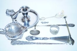 Collection of silver plated items including, shoe horn, candle stick etc.