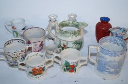 Various jugs and ceramic wares to include a good Stafforshire hunting jug, a Davenport jug and other
