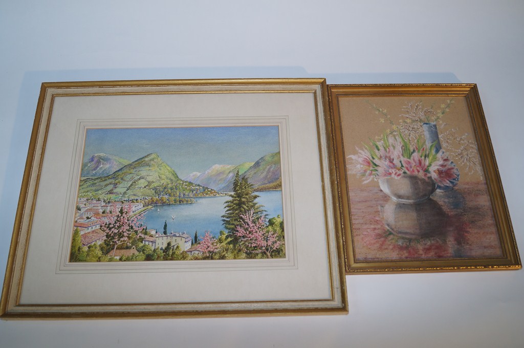 Water colour of a coastal scene and a pastel of still life