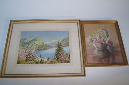 Water colour of a coastal scene and a pastel of still life