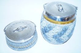 A Doulton Lambeth biscuit barrel and preserve jar, both with Silver plated lids