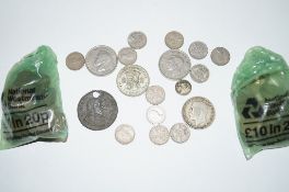 Bag of various coins including half crowns etc.