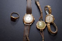 Three ladies 9ct gold watches and a 9ct gold ring
