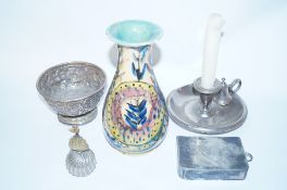 A collection of silver plated items and a ceramic vase