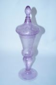 A fine etched violet coloured Bohemian style goblet and cover