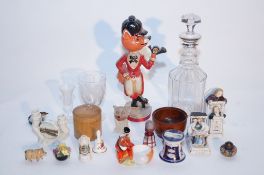 Collection of ceramic and glass items and a metal door stop in form of a fox in huntsman's dress