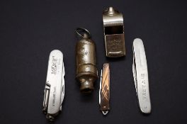 Two antique whistles and three penknives