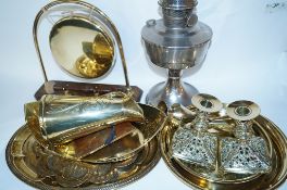 A collection of brass items including an art nouveau jug and other items
