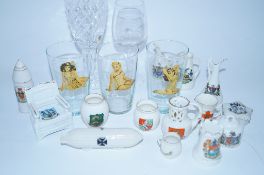 A collection of crested ware and glasses