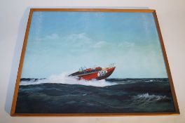 A large watercolour of a speedboat, entitled "Daily express power boat race 1965"