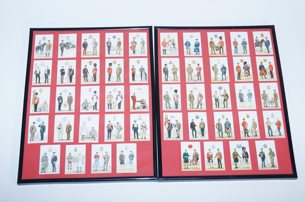 Collection of military uniform cigarette cards in two frames