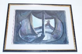 A signed watercolour by Alan Sievewright, of a stage setting of inside a boat