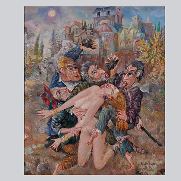 VIACHESLAV VASILEVICH KALININ (Russian Federation b.1939) "Stoning the Whore" Oil on canvas. 24 x 20