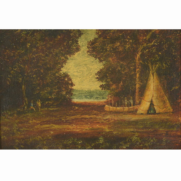 RALPH ALBERT BLAKELOCK (American 1847-1919) "Building a Canoe" Oil on panel. 14 x 19.5 inches/ 35.