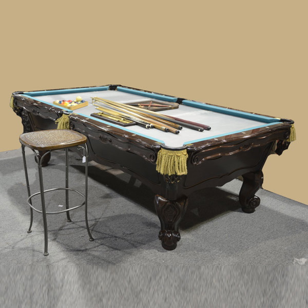 Brunswick "Orleans" Pool Table. Of typical form, molded paneled rails, raised on cabriole legs,