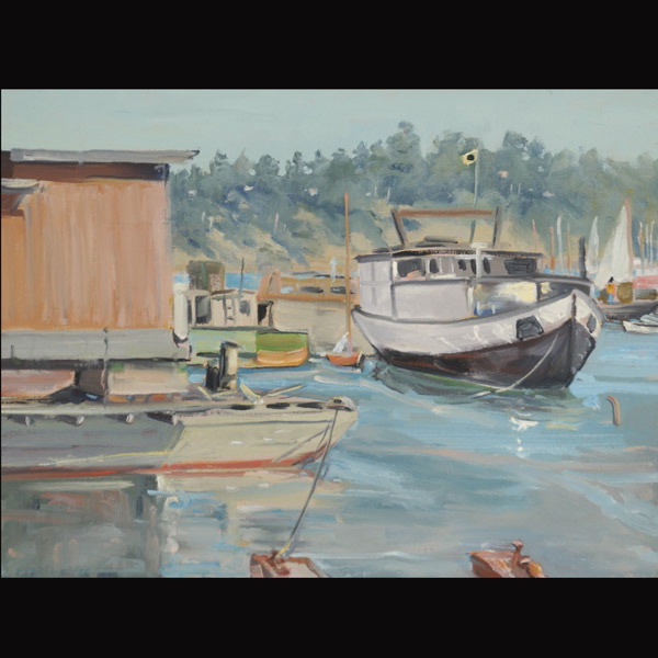 JUDSON A. PERKINS (American 1914-1982) "Sausaltio Houseboats, 1975" Oil on canvas. 12 x 16 inches/