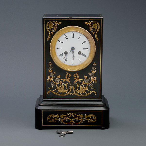 Napoleon III Mixed Metal Inlaid Ebonized Mantel Clock {Dimensions 13 1/2 x 9 x 6 inches} [crack to