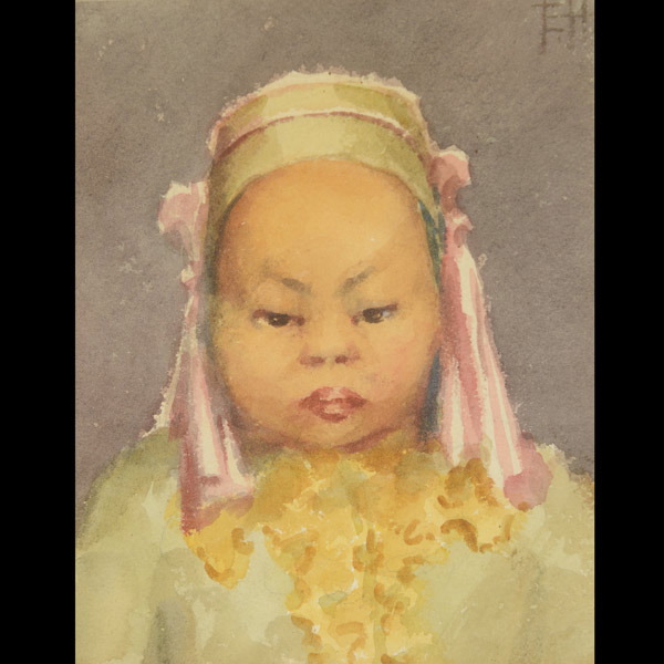 ESTHER HUNT (American 1875-1951) "Young Asian Girl" Watercolor on paper. Sight: 7 x 5.5 inches/ 17.7