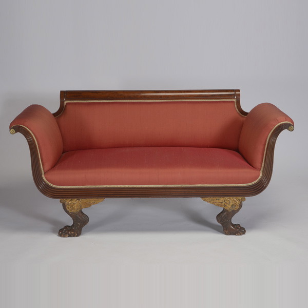 Federal New York School Mahogany Sofa, with red upholstery {Dimensions 32 1/2 x 68 x 24 inches}