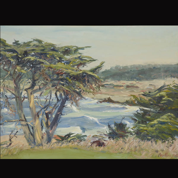 JUDSON A. PERKINS (American 1914-1982) "Cypress on the Pacific, 1975" Oil on canvas. 12 x 16 inches/