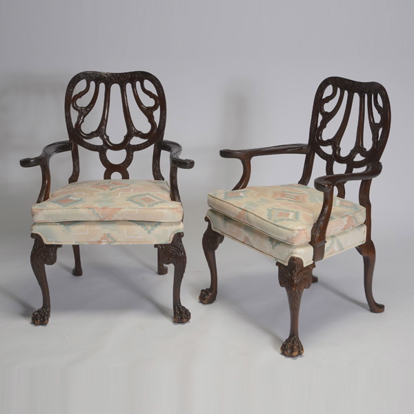 Pair of George II Style Mahogany Open Arm Chairs {Dimensions 40 x 29 x 27 inches} [one arm with