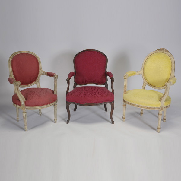 Three Louis XV, XVI Style Upholstered Fauteuils {Dimensions of yellow chair 28 1/2 x 26 1/4 x 20 3/4