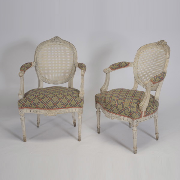 Pair of Belgium Louis XVI Upholstered Fauteuils, with a white painted finish {Dimensions 36 1/4 x 25